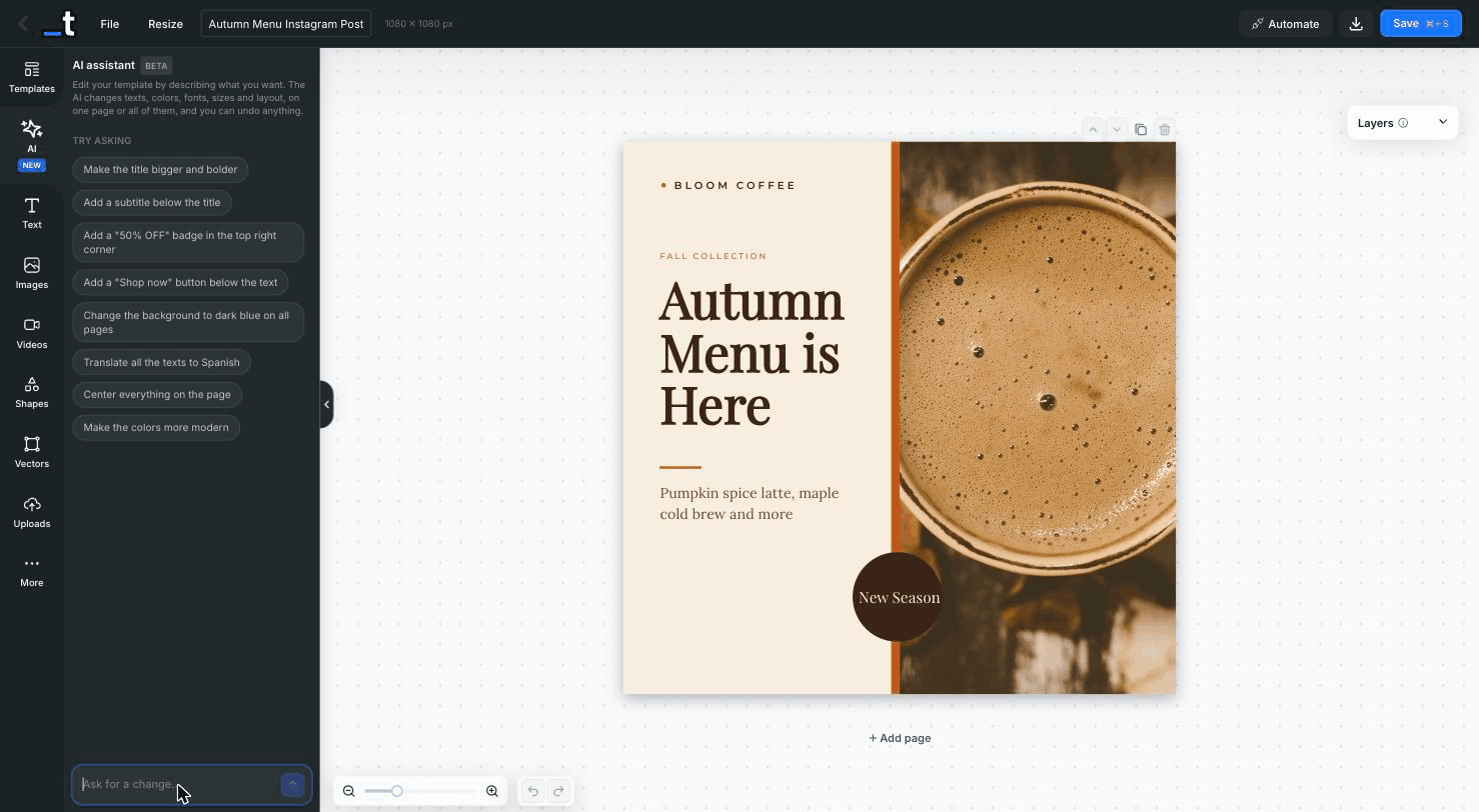 The AI Assistant adding a button and restyling a template